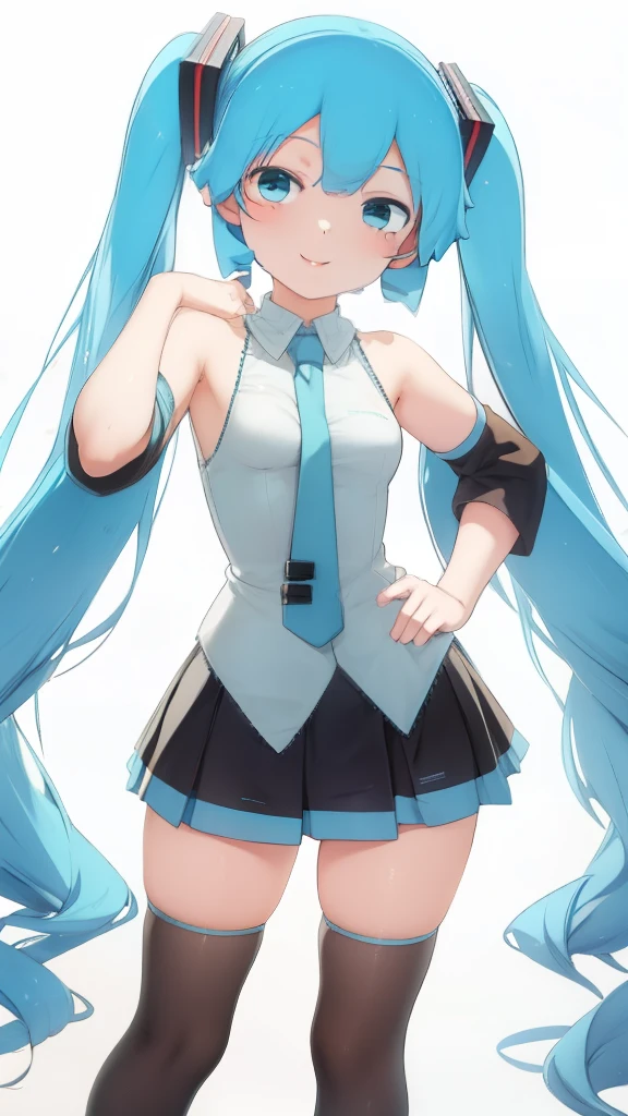 (masterpiece, Best quality:1.1), (1 girl:1.1), Hatsune Miku, twin fairy tales, Very long hair,  tie, skirt, cut off sleeves, Cute, I look at the viewer, standing, day, (smile:1.06), One, blue hair, amazing