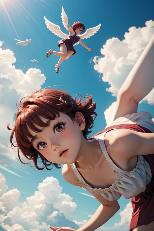 Angel、an figure、Tennen Perm_maroon short hair、Wearing TOGA、Flying into the detailed summer sky、Shooting from below、