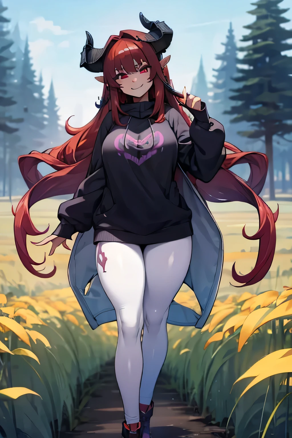 woman, long hair, red hair, on her head she has two horns, her body has more curves, violet eyes, she is smiling, wears a sweatshirt, black sweatshirt with symbols in white, wears leggings , uses two rings on his hand, the scene and in a field