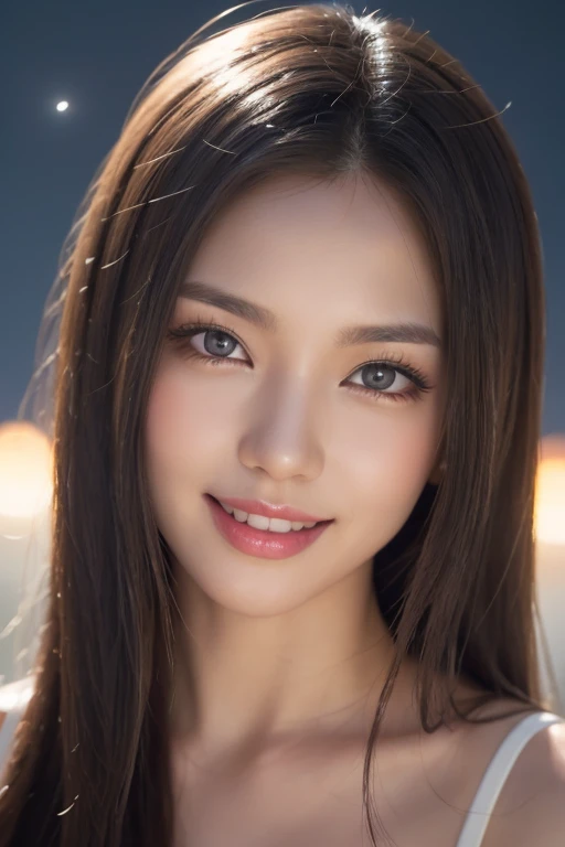 Beautiful woman，Body Portrait、8k，Narrow and beautiful eyes，Dindal effect、masterpiece, 最high quality, high quality, High resolution、Very detailed photos、(Natural skin texture、Fine skin、Hyperrealism、Ultra Sharpness)、Skin with attention to detail、(Very detailed、Fine skin texture、Intricate details、Beautiful Face、(A vivid face)、Realistic eyes、Beautiful and detailed、Realistic Skin、Beautiful Skin、Big Breasts、G Cup、glamorous、Glowing Skin、Oily skin、Bunny girl、Surreal、Very detailed、Golden Ratio、With a smile、((Night moonlight background))、Body Portrait