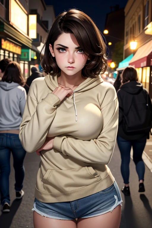 Beautiful 19 year old woman short brown hair light eyes firm body perfect breasts hoodie sweater short jeans shorts long stockings angry face blushing blushing cheek on night street 