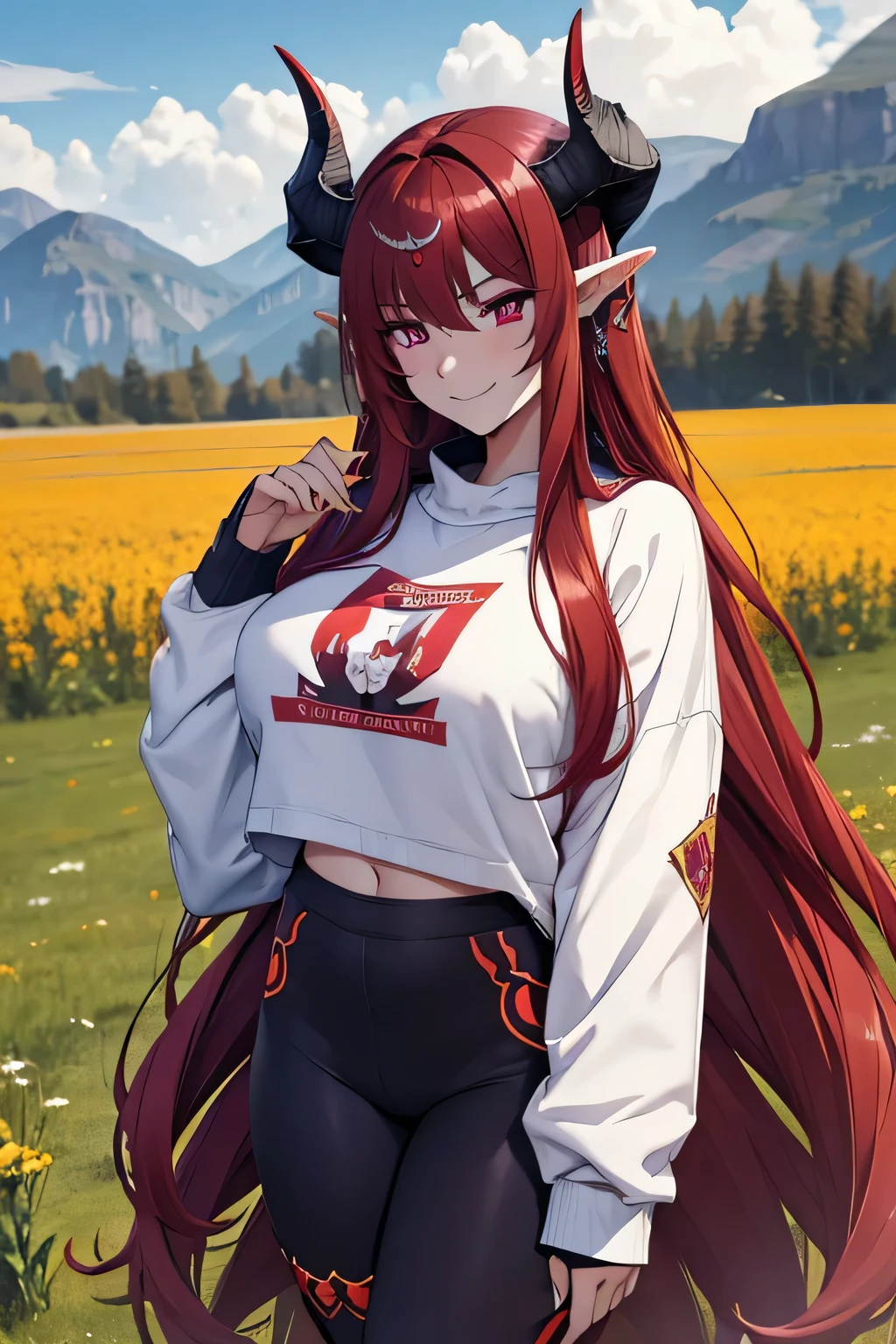 woman, long hair, red hair, on her head she has two horns, her body has more curves, violet eyes, she is smiling, wears a sweatshirt, black sweatshirt with symbols in white, wears leggings , uses two rings on his hand, the scene and in a field