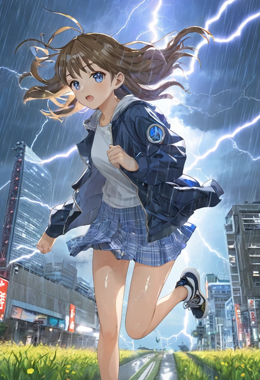 Light blue long hair、Twin-tailed Girl, Flowing hair and a stern face, Running through the city、Tokyo Tower in the background、Heavy rain and thunder、Splash Art、White owl flying in the sky、She is wearing an oversized jacket, Casual T-shirts, and short skirt, Complement with sneakers. Lightning from the sky、 A flash of light runs、Face Highlights、The girl is depicted in an action pose, Release your energy and sense of adventure, A gentle breeze blows through her hair. anime girl in a field with lightning in the sky, goddess of lightning, Splashes of lightning behind her, with lightning, detailed lighting and thunder, she is attracting lightning,
