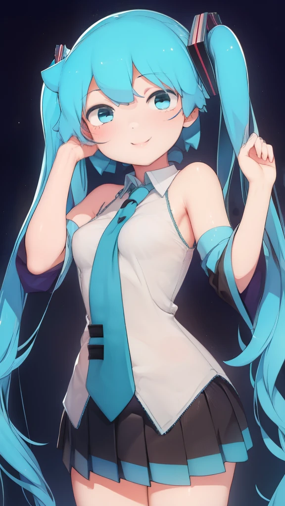 (masterpiece, Best quality:1.1), (1 girl:1.1), Hatsune Miku, twin fairy tales, Very long hair,  tie, skirt, cut off sleeves, Cute, I look at the viewer, standing, day, (smile:1.06), One, blue hair, amazing