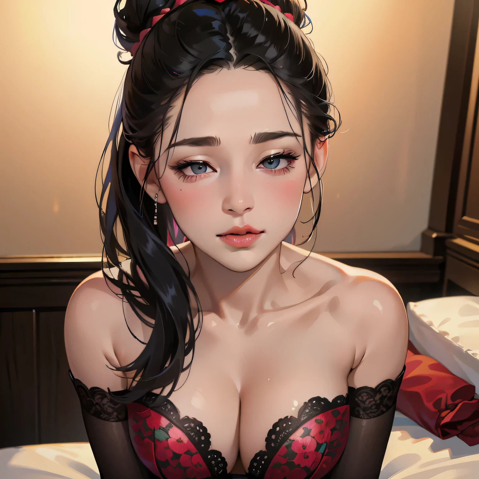 a beautiful woman with long black hair in a bun, a long forehead, seductive eyes, a medium nose, perfect pink lips slightly parted in a seductive expression, blushing cheeks, a beautiful long neck and collarbone, a medium chest with cleavage, wearing a long red floral dress, in a bedroom setting, stripping and exposing her black bra and bare shoulders, (best quality,4k,8k,highres,masterpiece:1.2),ultra-detailed,(realistic,photorealistic,photo-realistic:1.37),HDR,UHD,studio lighting,ultra-fine painting,sharp focus,physically-based rendering,extreme detail description,professional,vivid colors,bokeh,portrait