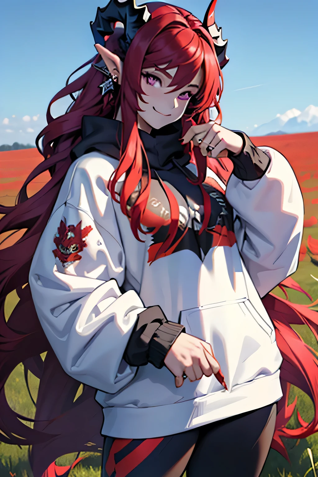 woman, long hair, red hair, on her head she has two horns, her body has more curves, violet eyes, she is smiling, wears a sweatshirt, black sweatshirt with symbols in white, wears leggings , uses two rings on his hand, the scene and in a field