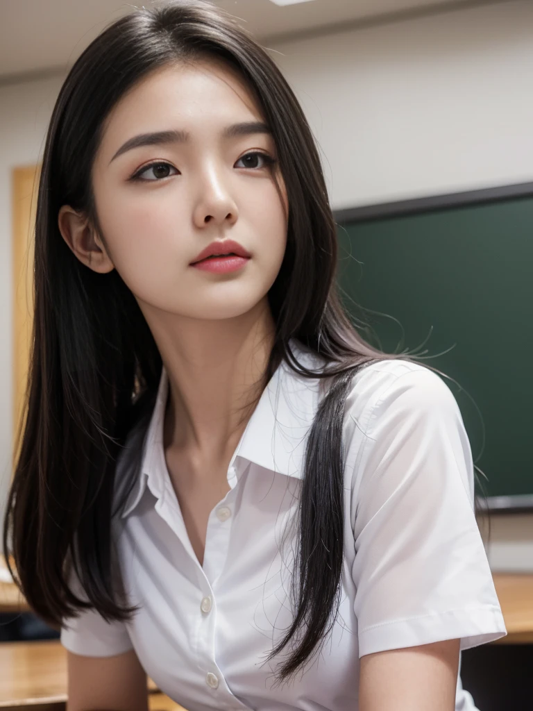 side pose:1.2, thai university uniform:1.4,Close ~ eyes:1.2,Open your mouth:1.2,Tired face:1.2,Face of Suffering:1.2,sky face:1.2,sleeping face:1.2, masterpiece、beautiful girl、fine 目、puffy eyes、highest quality, High resolution, (reality: 1.4), Cinema Lighting,so beautiful、Beautiful Skin、(super reality)、(High resolution)、(8k)、(Very detailed)、(beautiful and fine 目)、(Very detailed)、 Detailed face、black straight long hair、20-year-old、white short-sleeve button up shirt:1.2, black tight mini skirt:1.2, metal shirt buttons:1.3, in the dark classroom:1.1, looking up face:1.2, dark tone:1.1, medium close up:1.1, hair on the face:1.2, detailed eyes, detailed lips, detailed face