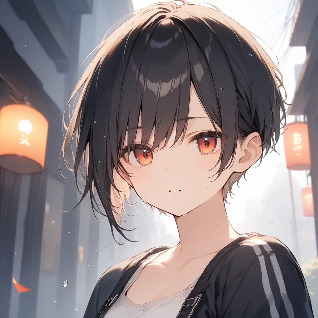 score_9, score_8_up, score_7_up, source_anime, best quality, masterpiece, official art, absurdres, highres, ultra-detailed,waifu2x,Collection: Slice of Life,break,1girl, tomboy, very short hair, pixie cut, breasts, pants, open eyes, beautiful detailed eyes, expressionless, sweat, parted lips, sleepily, outdoors, break,(clear line illustration:1.2), super detailed skin,very high resolution, very aesthetic, Best sexual lighting powered by famous artist, 8k,cute picture,beauty illustration,photoshop_(medium),,(Detailed Lighting),best anime 8k konachan wallpaper, pixiv contest winner,