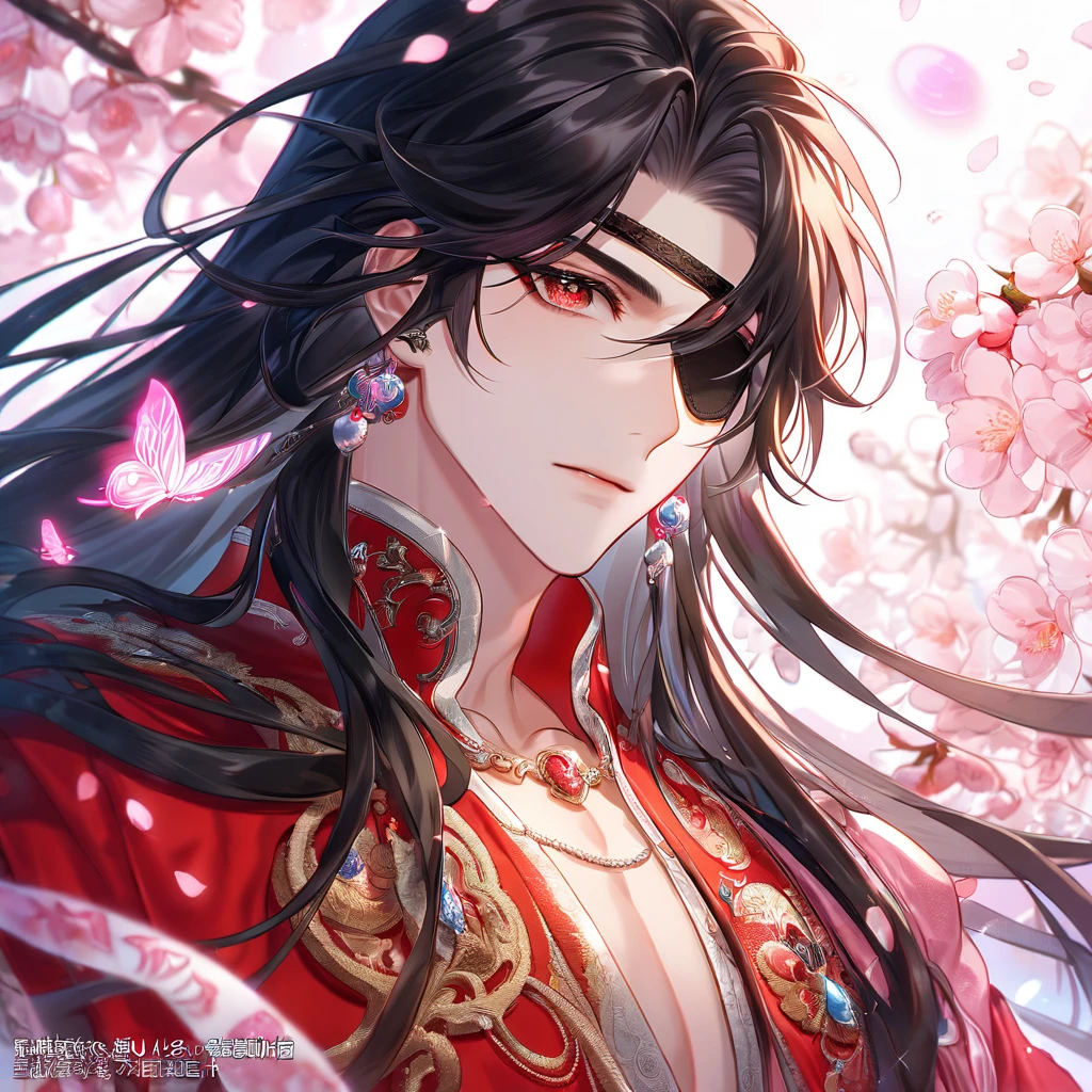 absurdres, highres, ultra detailed, HDR, master piece, best quality, extremely detailed, Hua Cheng, black hair, long hair, expressive red eyes, Heaven Official's Blessing, solo, y man, handsome, sensual, red roblack eye patch, fantasy, magical, sparkling, pink glittering fireflies, pink ice, pink ice butterfl pink ice petals, pink ice cherry blossoms, pink crystal