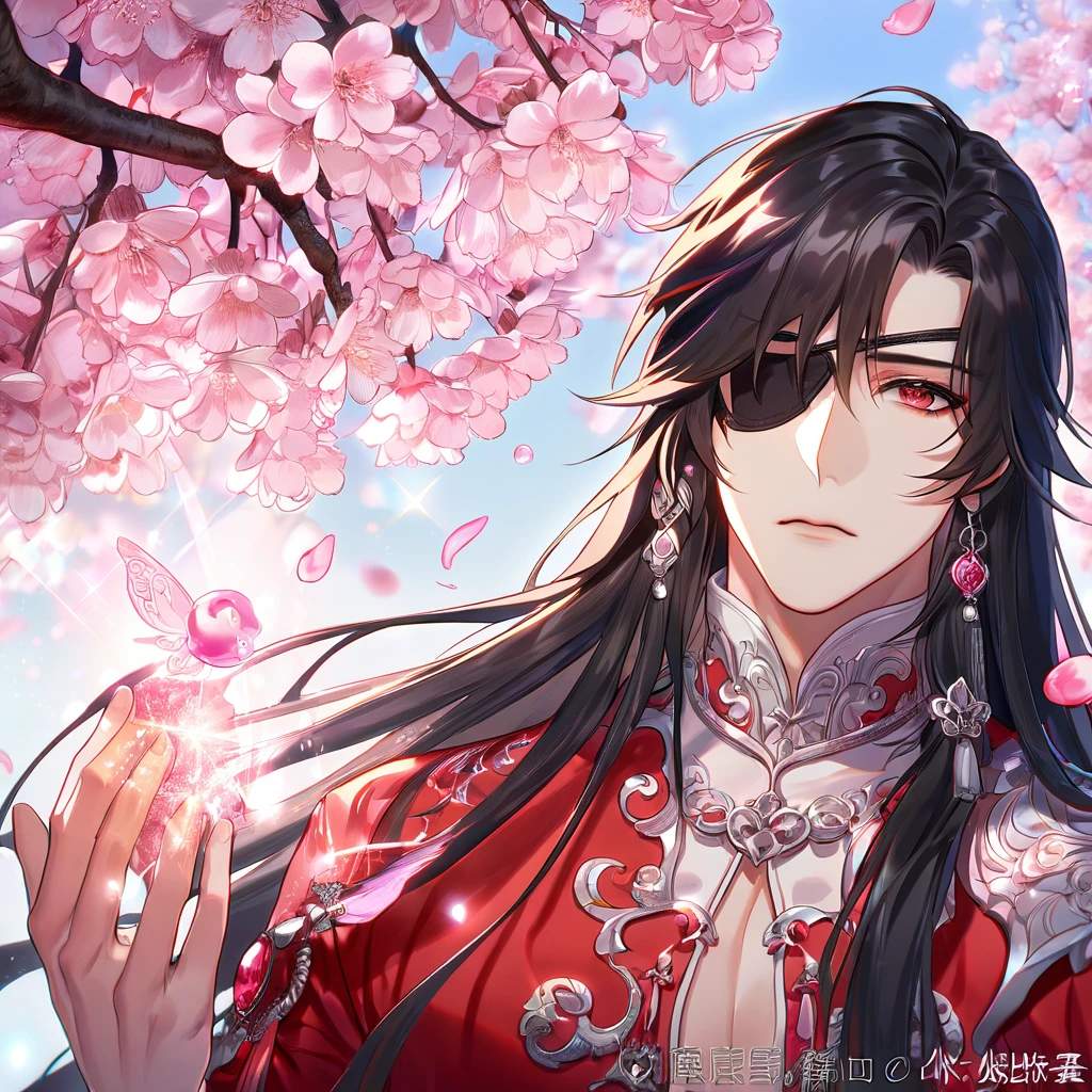 absurdres, highres, ultra detailed, HDR, master piece, best quality, extremely detailed, Hua Cheng, black hair, long hair, expressive red eyes, Heaven Official's Blessing, solo, sexy man, handsome, sensual, red robes, black eye patch, fantasy, magical, sparkling, pink glittering fireflies, pink ice, pink ice butterflies, pink ice petals, pink ice cherry blossoms, pink crystal