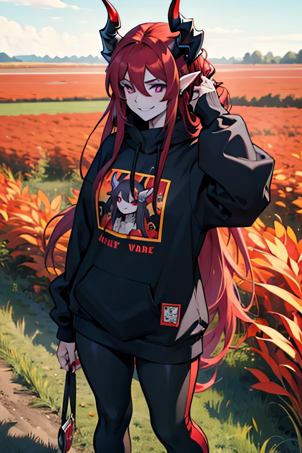 woman, long hair, red hair, on her head she has two horns, her body has more curves, violet eyes, she is smiling, wears a sweatshirt, black sweatshirt, wears leggings, wears two rings in your hand, the scene is in a field