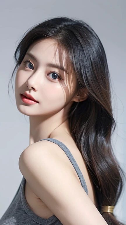 Unique illustrated characters in manga style, Long feature, Straight hair with a mix of grey and light brown. Her big, Expressive eyes, a striking blue, Her nose and full lips add to her charm.. She is wearing a navy tank top that shows off her figure., Give her confidence and charm.