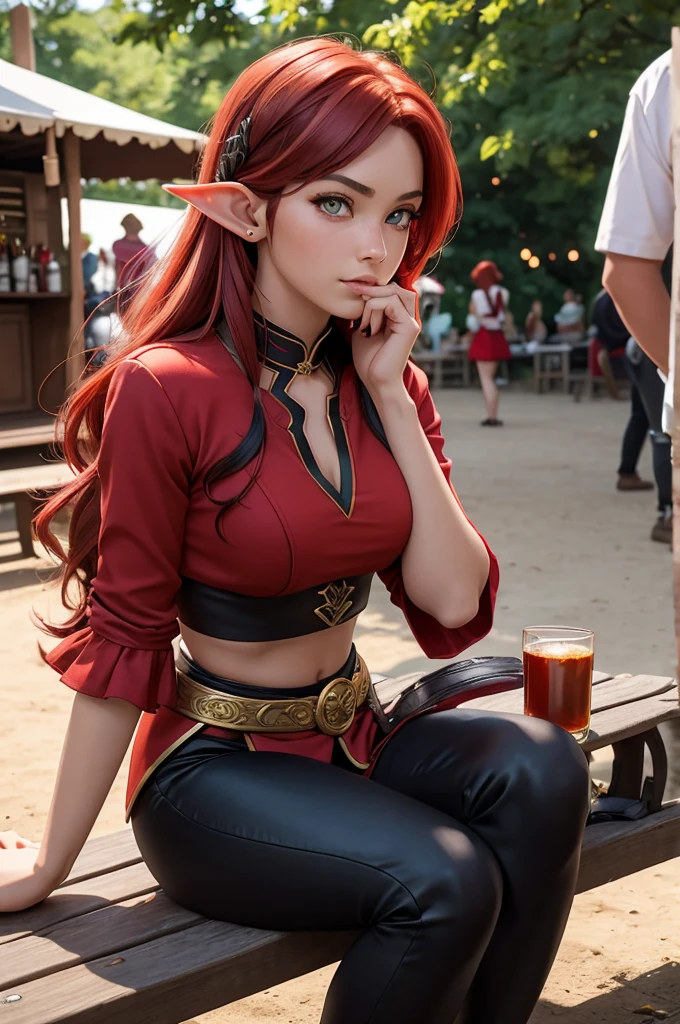 Very very very sexy girl, 1girl, solo, half-elf girl is sitting on an old bench and drinking cider at a village festival, crimson hair, crimson eyes, red and black outfit with gold trim, black pants, fiery hair