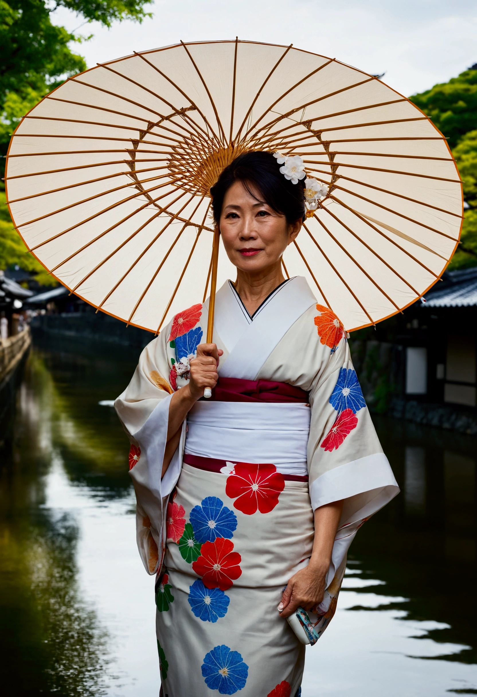 A beautiful and elegant middle-aged Japanese woman. Wearing an exquisite and elegant noble kimono, white socks and flip-flops. She holds a big oil paper umbrella in her right hand.Umbrellas covering the sun behind them appear all over Osaka, Japan. Kyoto. Gion.Kamo River. Her appearance resembles Sayuri Ishikawa. 