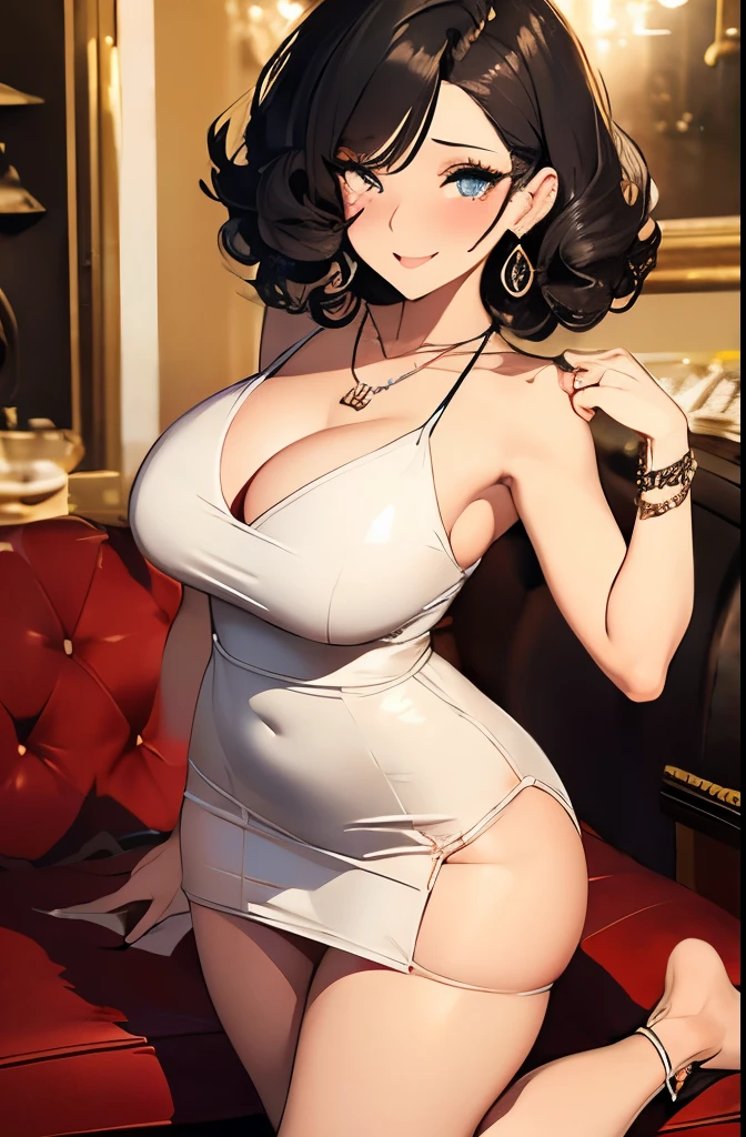 full body, extreme curls hair, short hair, lustful eyes, open mouth smile, aroused 25 years old, playfully aroused, dripping with desire, busty cleavage, slim waist, posing by the sofa, coy smile with open parted lips, (blushing:1.3), looking lovingly at the viewer, seductive eyes, facing the viewer, livingroom background, arms out (pov), glowing eyes, necklace, earrings, nsfw,