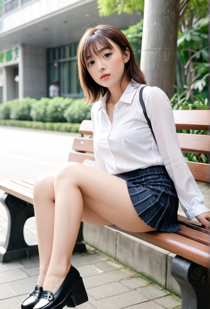 foot、Photographed from the front、mini skirt、No underwear、Sit on a bench with your legs spread、Take secret photos、Low angle shooting