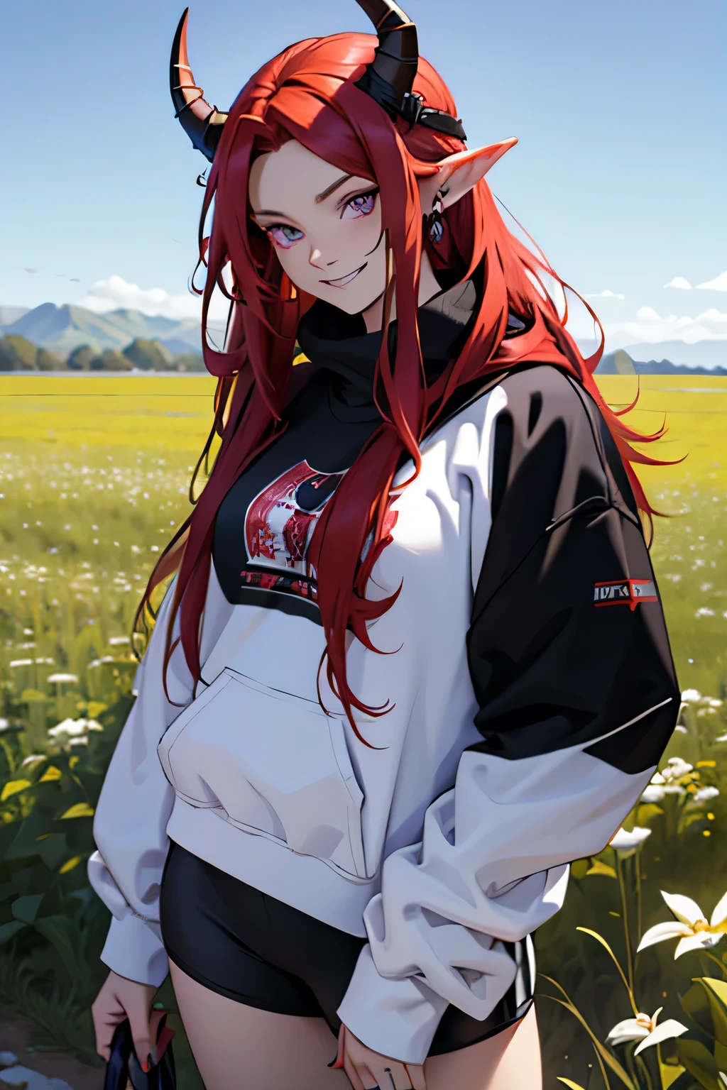 woman, long hair, red hair, on her head she has two horns, violet eyes, she is smiling, wears a sweatshirt, black sweatshirt, wears white clothing underneath, wears two rings in your hand, the scene is in a field