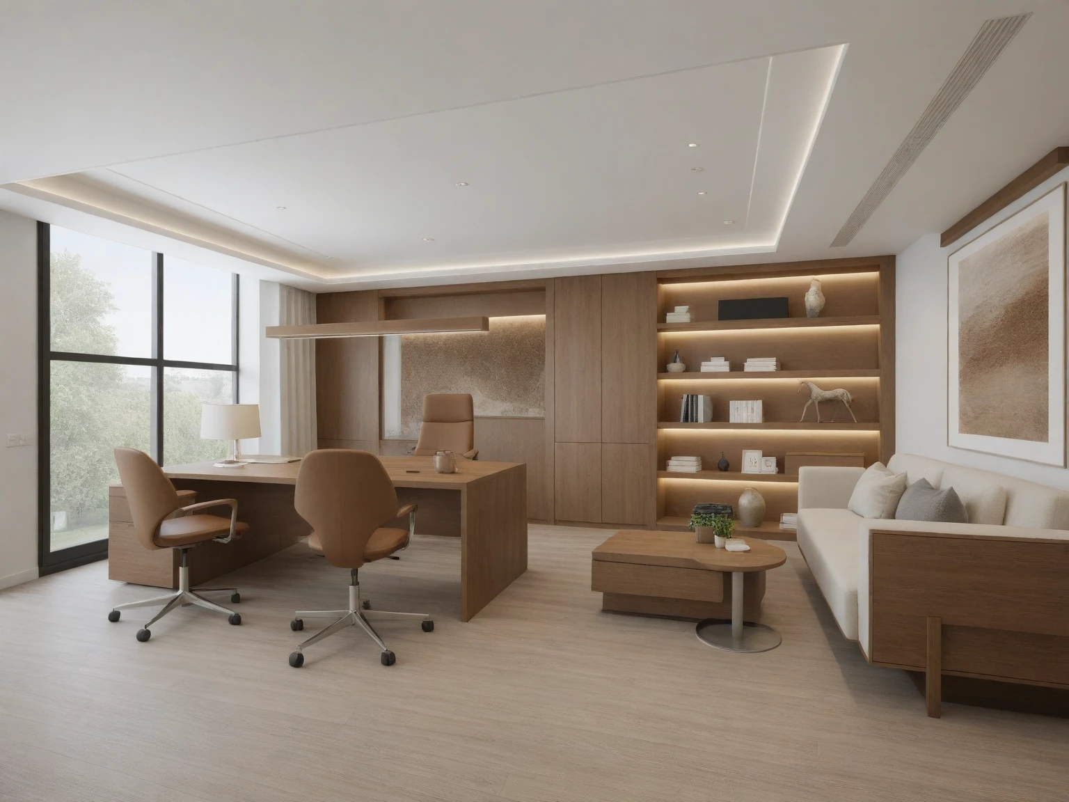 Raw photo,Masterpiece, high quality, best quality, authentic, super detail,
indoors, interior ,aiaigroup, ,(( office  room :1.3 )) , modern style, daylight, GLASS WINDOWS, Brown wooden furniture.