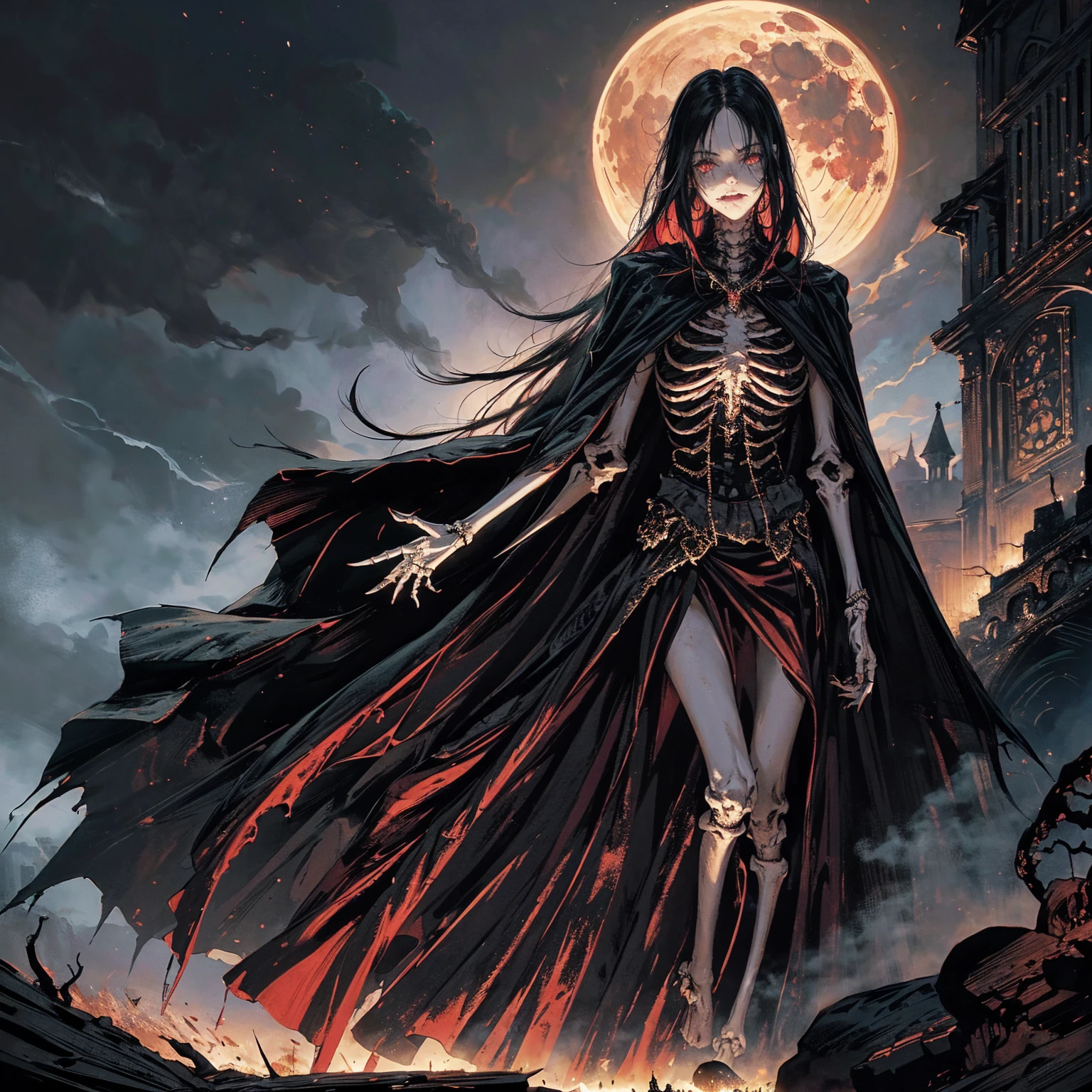 full-body shot, best quality, 4K, high resolution, masterpiece, Very detailed, Mood lighting, An undead girl in a long cape, Whole body including hands & arms & legs & feet are all skeleton bones but except the head is still beautiful human face, Wearing a ragged gothic skirt, Aloofness emotion, Dangerous sneer, Beautiful but sad smile, Black Hair, Standing, Facing the camera, Crucified, Pitch black sky, Blood-red moon, strange atmosphere, Gothic style, Unforgettable beauty, Dramatic shadows, Ethereal Light, Mysterious atmosphere.