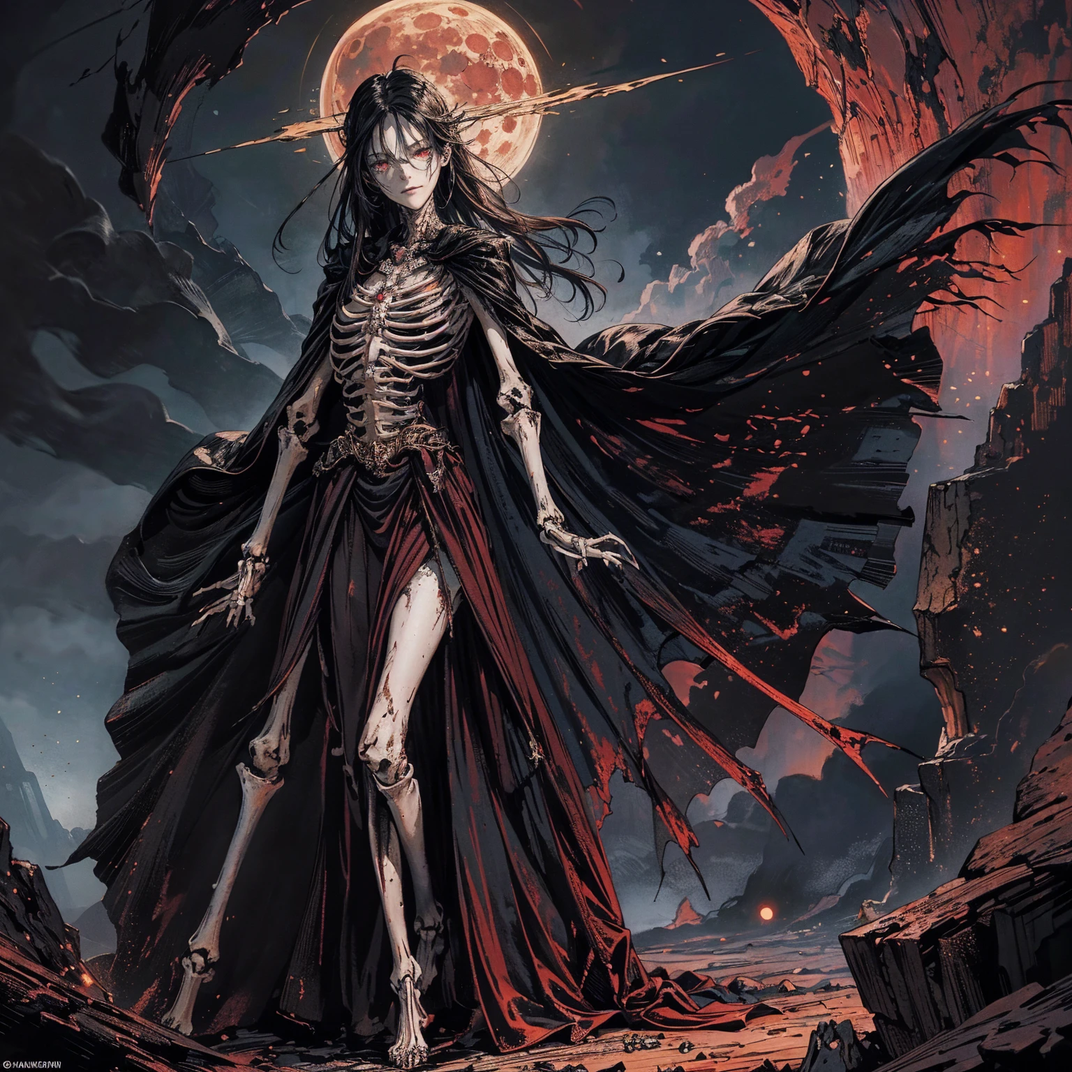 full-body shot, best quality, 4K, high resolution, masterpiece, Very detailed, Mood lighting, An undead girl in a long cape, Whole body including hands & arms & legs & feet are all skeleton bones but except the head is still beautiful human face, Wearing a ragged gothic skirt, Aloofness emotion, Dangerous sneer, Beautiful but sad smile, Black Hair, Standing, Facing the camera, Crucified, Pitch black sky, Blood-red moon, strange atmosphere, Gothic style, Unforgettable beauty, Dramatic shadows, Ethereal Light, Mysterious atmosphere.
