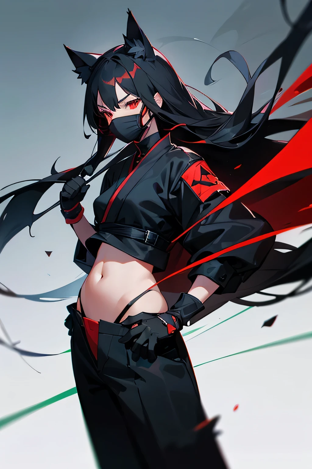 woman, cat ears, long hair, black hair with brown tips, red eyes, her clothes are ninja clothes, her clothes have a red outline, her clothes show her belly, she wears a black mask, gloves without the spikes in your hands, the scenery and the green grass.