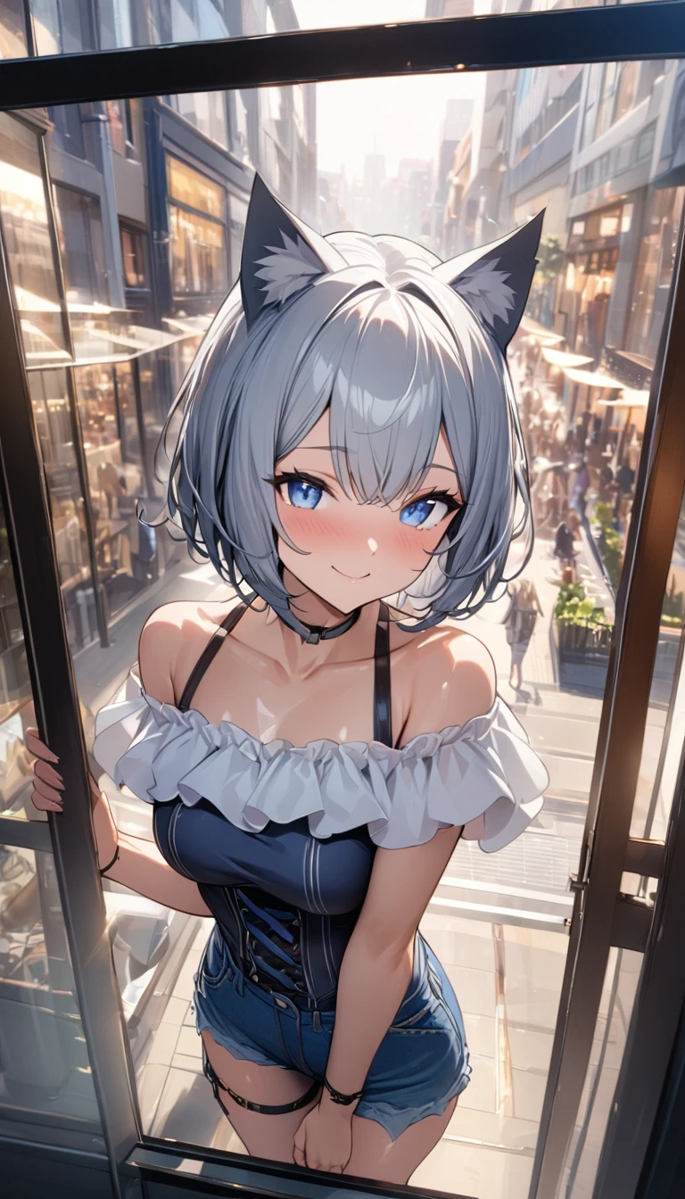 1girl、(((best quality)), ((masterpiece)), (details), masterpiece, best quality, high quality, ulutra detailed, perfect face, ((1girl, Blue eyes, cat ears: 1.3 silver bob hair: 2.5,))、Shiny Hair、Glowing Skin、Happy face、Lustful look、White off-shoulder、valley、(Denim corset:1.4)、Denim shorts、Sandals、Window Shopping、Stylish cityscape、morning、