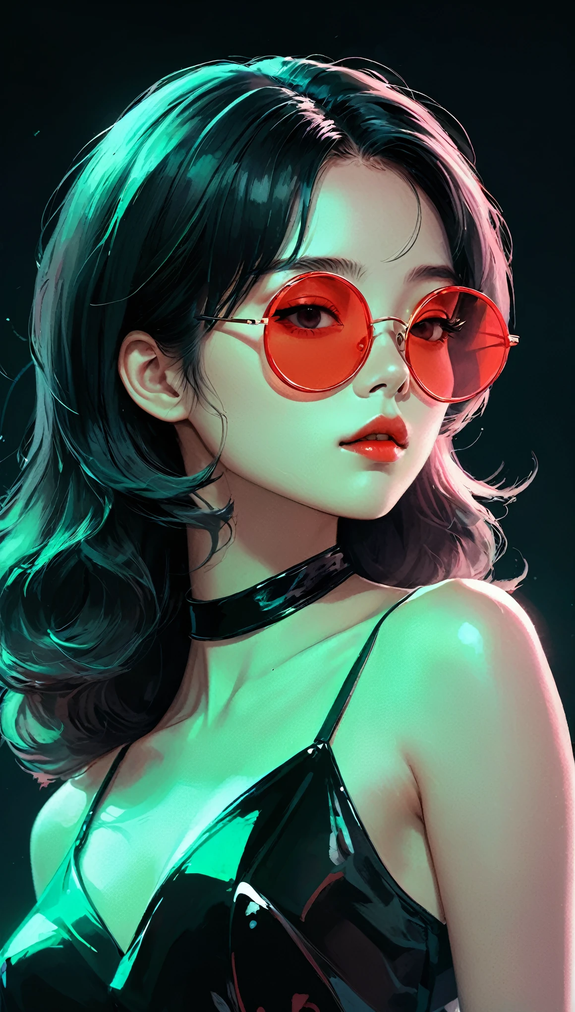 masterpiece，best quality，detail，Perfect composition，Super good quality，HD Wallpapers，A young woman wearing crimson sunglasses，illustration，With black aesthetics、The style of anime aesthetics，I can't believe how beautiful it was，Black Pearl and Mint，monochromatic minimalist portraits，Pop artistic sense，whole body，Dynamic，solo，Posing with hands on chest，