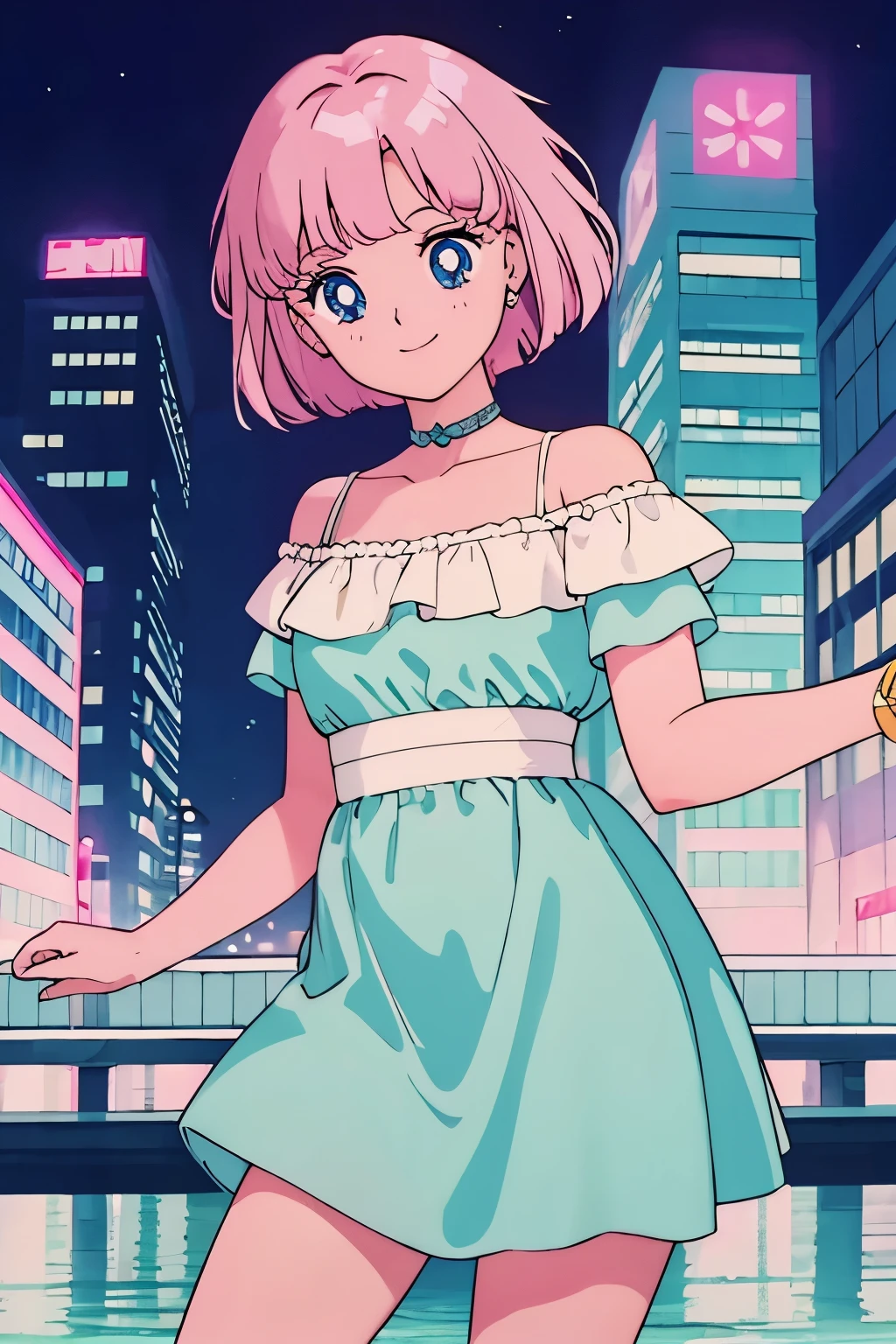 Highest quality,smile,girl,cute,Short Bob Hair,Pink Hair,Light blue eyes,Off-the-shoulder dress,M,Background night city,
