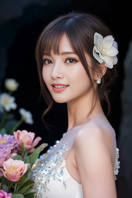((Tabletop:1.4, Highest quality)), (Realistic photos:1.4), 
((1 girl)), (Pure actress), (dream-like),
(超High resolution:1.2), Very delicate and beautiful, wonderful, Highly detailed CG Unity 8K wallpapers, Very detailed, High resolution, 
Soft Light, Beautiful detailed girl, Very detailed目と顔, Beautiful and detailed nose, Beautiful and detailed, 
(Wear a gorgeous sparkly dress:1.3), 
Cinema Lighting, Perfect Anatomy, Slender body, (Parted bangs),
(A flower garden in a cave:1.3), (Flowers Blooming in the Dark々The brilliance:1.5), (Light and dark emphasis), (wonderful美しさ),
Cowboy Shot, Looking at the audience, (smile)
