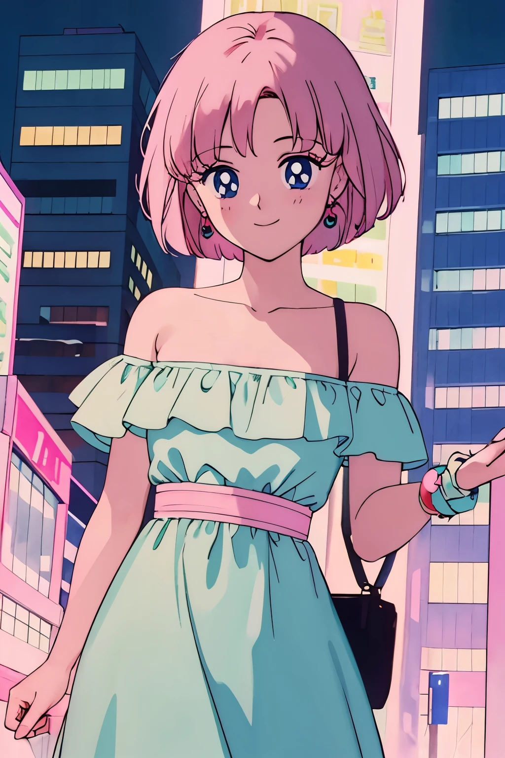 Highest quality,smile,girl,cute,Short Bob Hair,Pink Hair,Light blue eyes,Off-the-shoulder dress,M,Background night city,