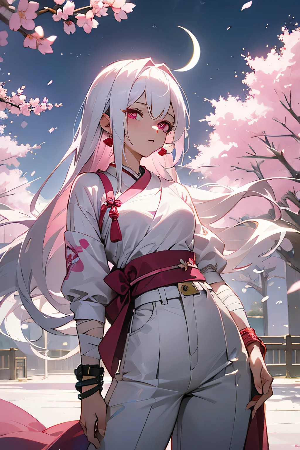 woman, long hair, white hair, pink eyes, wears a traditional Japanese bra, her pants are white, on her top she doesn't use anything just bandages to cover herself, on her right arm she wears bracelets , scenery and a moon with cherry blossoms over it