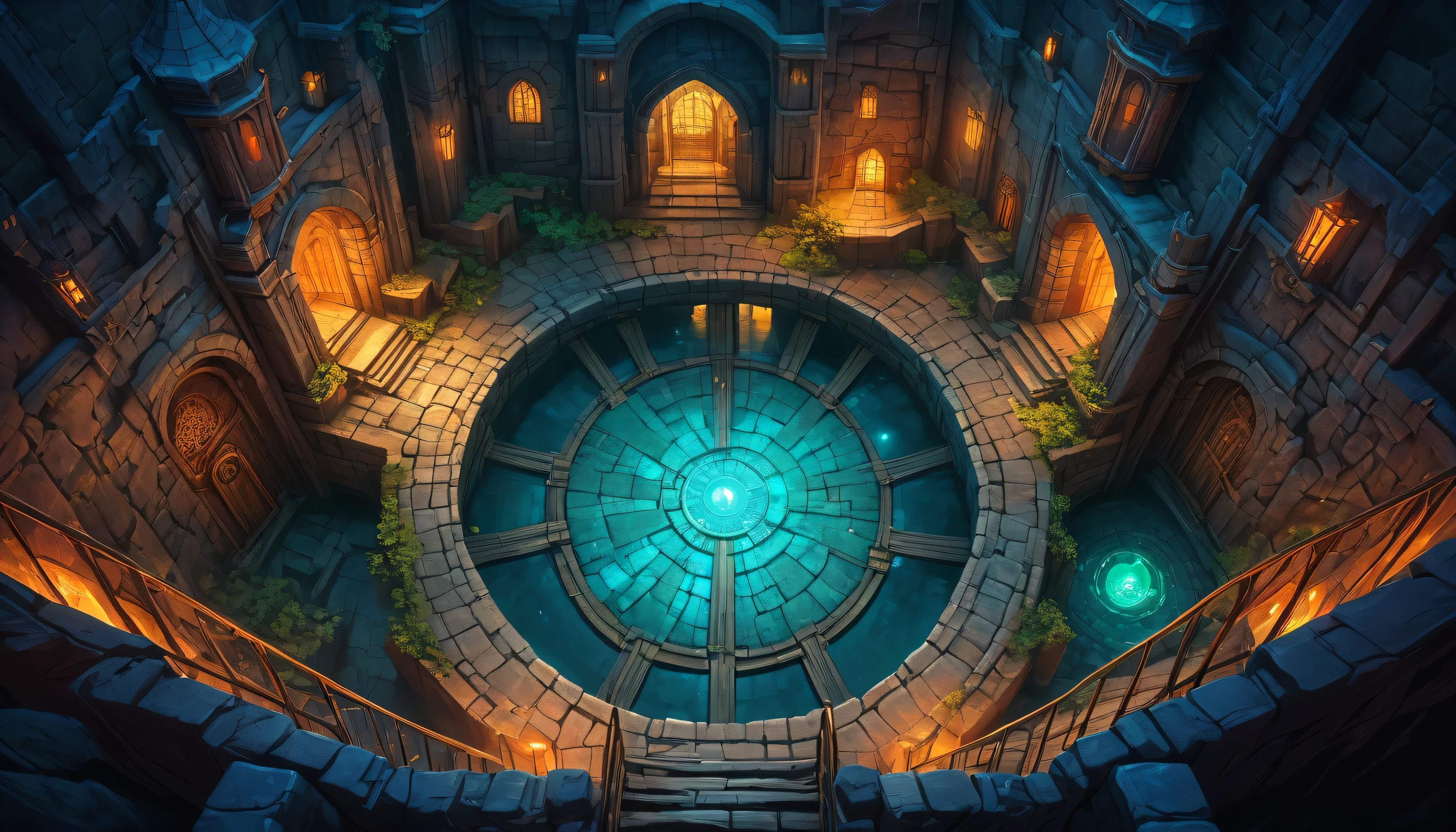 (anime, fantasy, dungeon), (best quality, highres, HDR:1.2), vibrant colors, mysterious atmosphere, dnd map, view from above, intricate, crystal dungeon, intersection tunnel