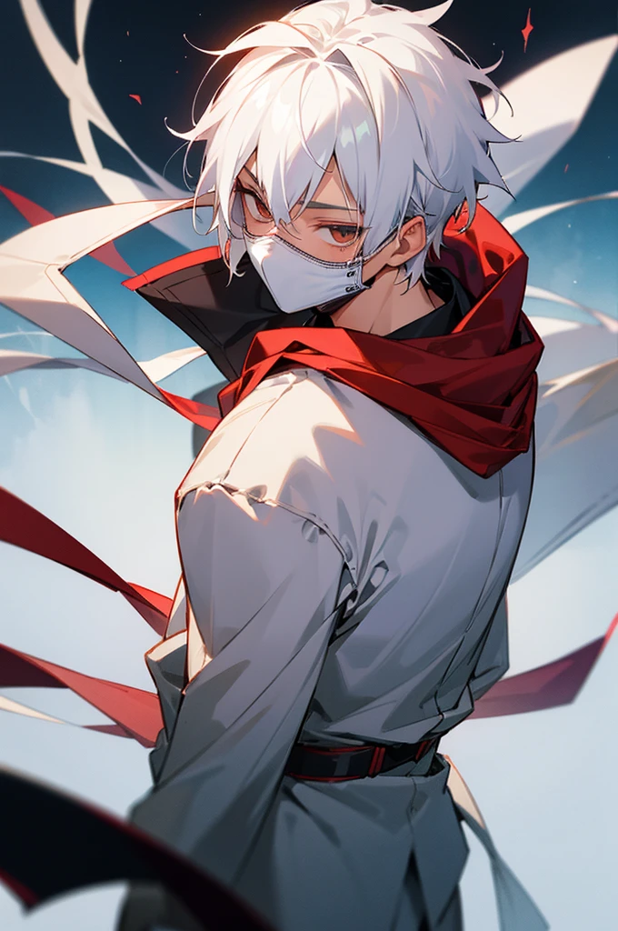 Male, young teen, white hair, yukata, short, Eastern temple background, villain suit, hooded, mask