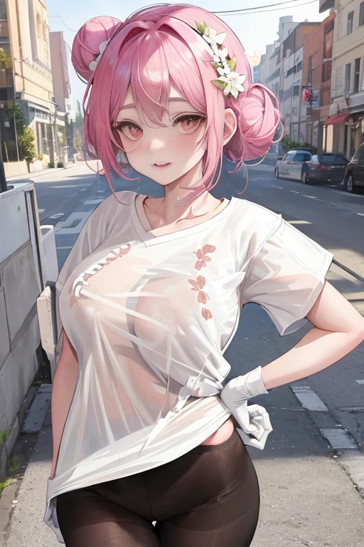 32k, best quality, ultra high res, HDR, UHD, extremely detailed CG, unity 32k wallpaper,  anime girl wearing pink wet clothes, realistic shadow, fine skin, very small breasts, black hair, hair ribbon, very detailed, 8K highly detailed face, perfect face shape, perfect lips, perfect nose, fix beautiful eyes, Audience, masterpiece, highest quality, single girl, No bra, No panties, alone