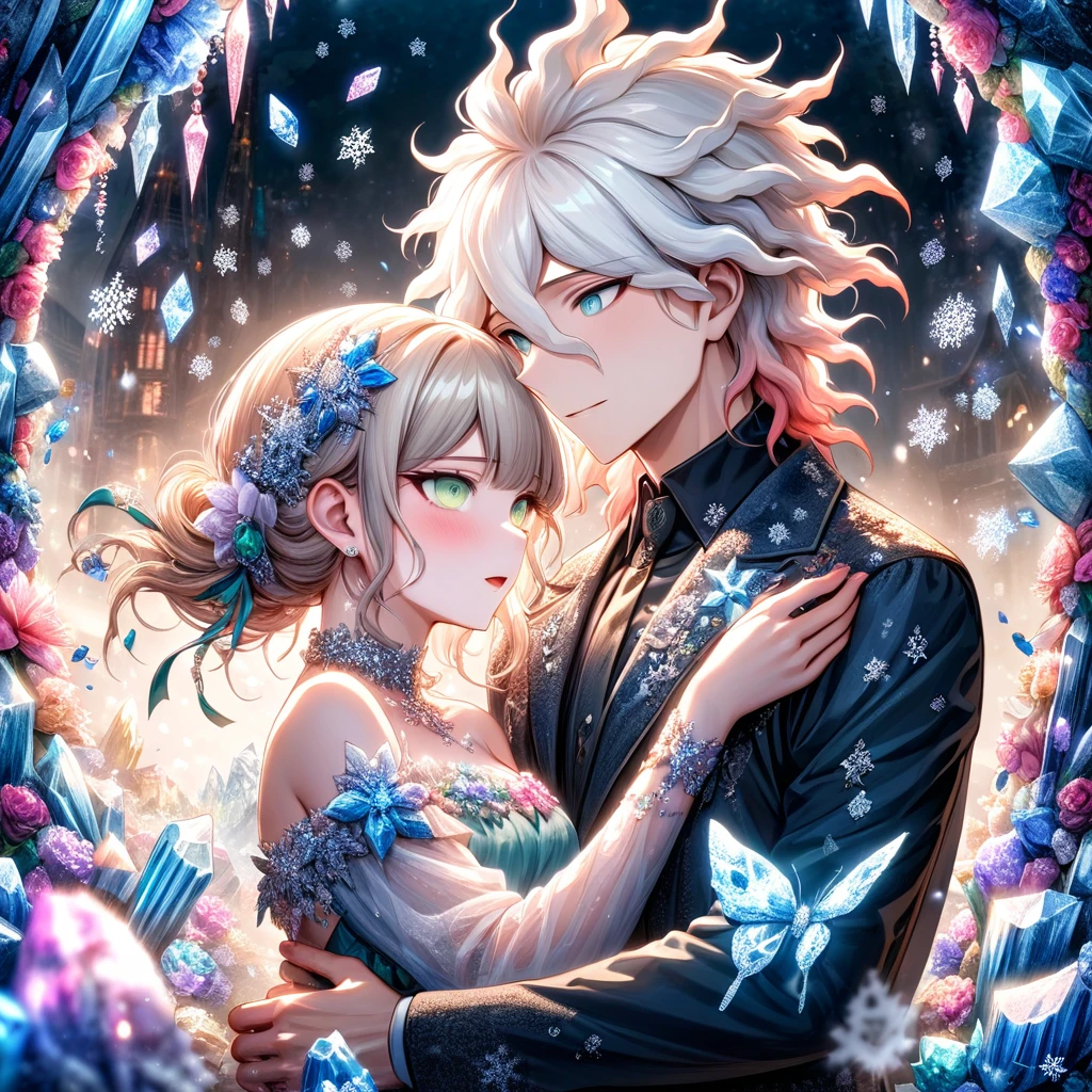Ultra detailed, HDR, Highres, absurdres, master piece, Komaeda Nagito, white hair, expressive gray-green eyes, Aida, ash blonde hair, expressive light green eyes, black clothes, Danganronpa, ice glittering butterflies, ice, petals, ice pink glass flowers, glittering, fantasy, magical, snowflakes, cold, a handsome man together with a beautiful woman, couple, love,