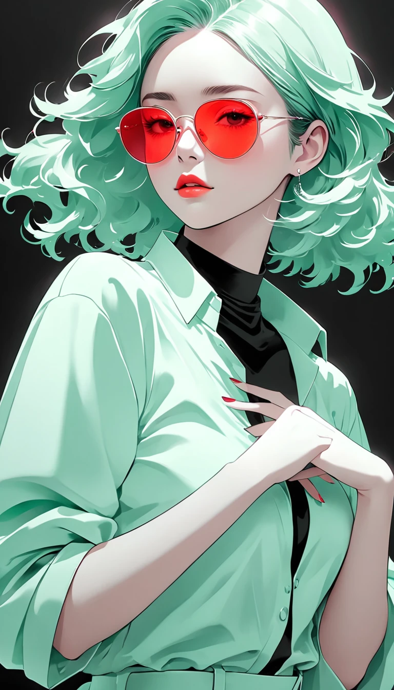 masterpiece，best quality，detail，Perfect composition，Super good quality，HD Wallpapers，A young woman wearing crimson sunglasses，illustration，With black aesthetics、The style of anime aesthetics，I can't believe how beautiful it was，Black Pearl and Mint，monochromatic minimalist portraits，Pop artistic sense，whole body，Dynamic，solo，Posing with hands on chest，