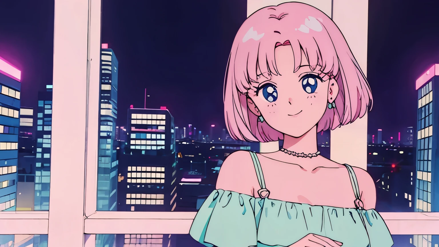 Highest quality,smile,girl,cute,Short Bob Hair,Pink Hair,Light blue eyes,Off-the-shoulder dress,M,Background night city,