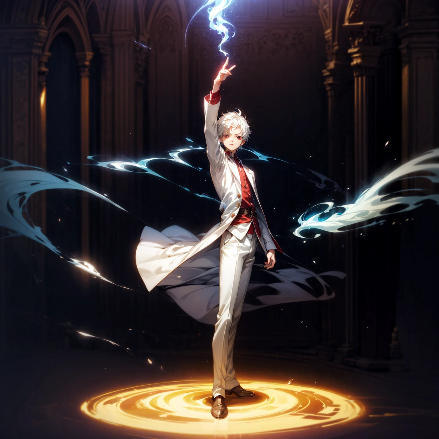 Solo, vampire, boy, Full body version, light red eyes, wavy haircut, white color hair, suit style outfit, Grassroots, full background indoor room Castle, motion blur, lighting, (one piece style art), light fire on hand, light fire in hand, standing gesture, light fire blue, smoke effect, plasma effect, aura effect, evening, ultra detailed