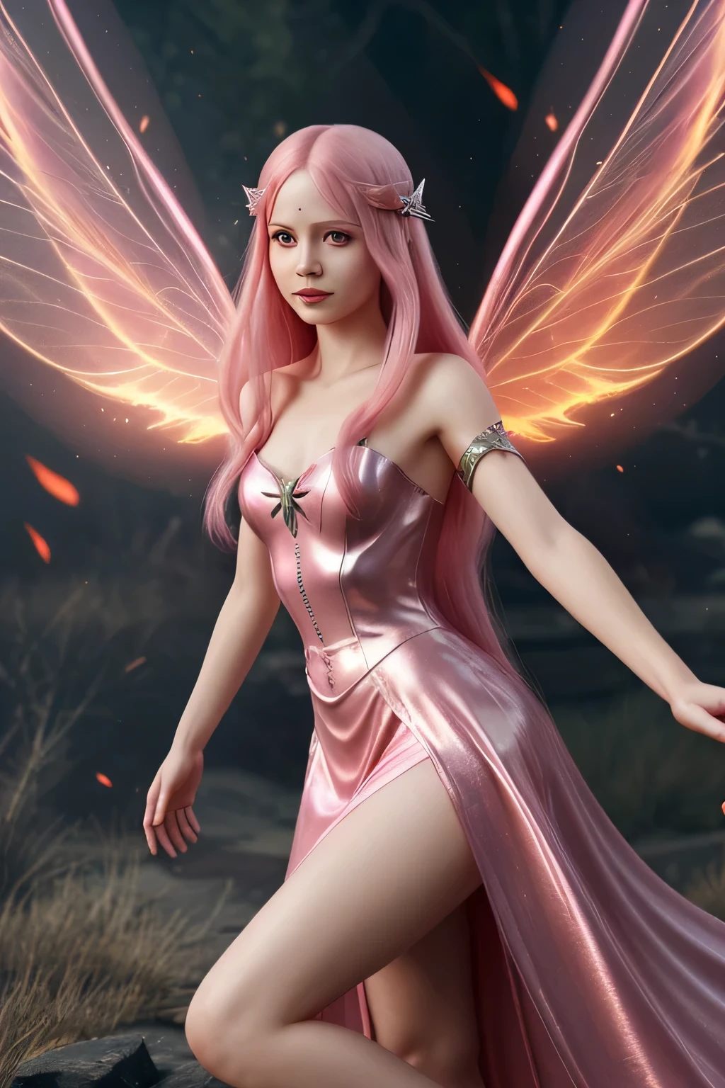 Fairy with wings and shiny dress, long pink hair and fire powers and mind reading image hd 8k