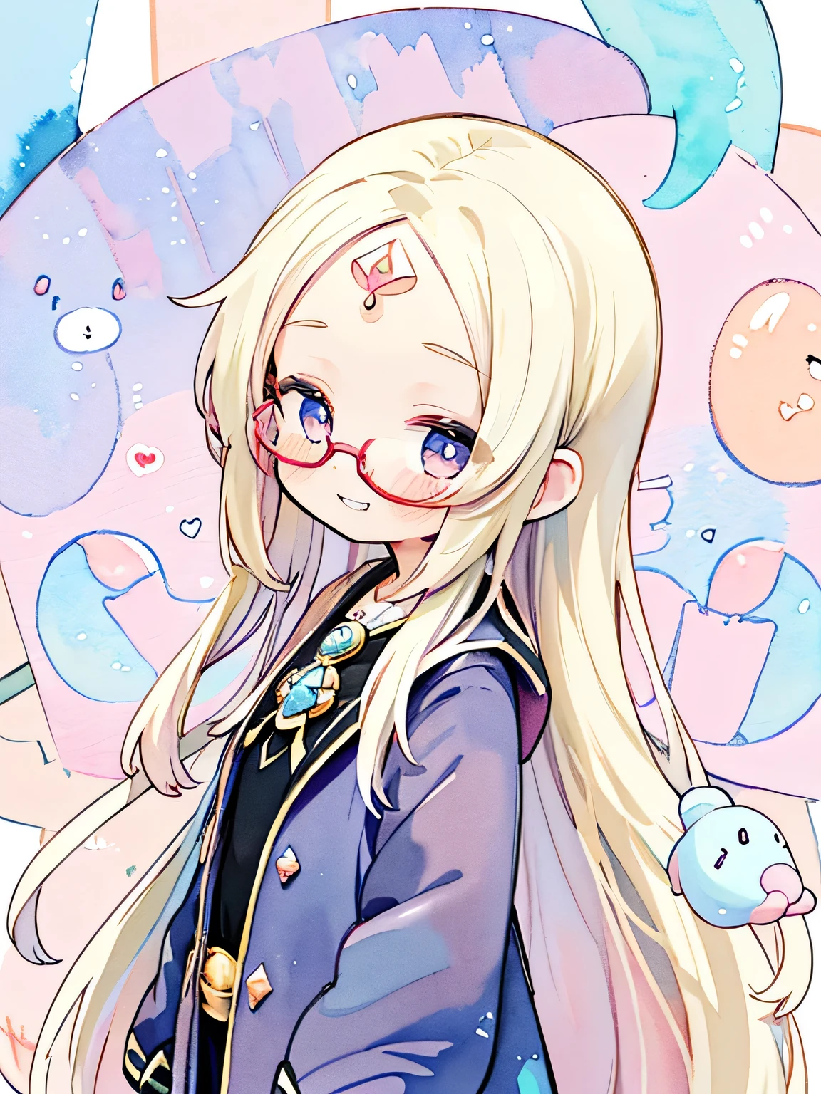 sideview,(Pastels:1.5)、(Cute illustrations:1.5)、(Watercolor:1.2)、(1 Girl:1.0)、blonde thin straight long hair ,(big forehead:1.3),glasses,(grin),black gold magician clothe,magic wand, shining heart, mist, smile