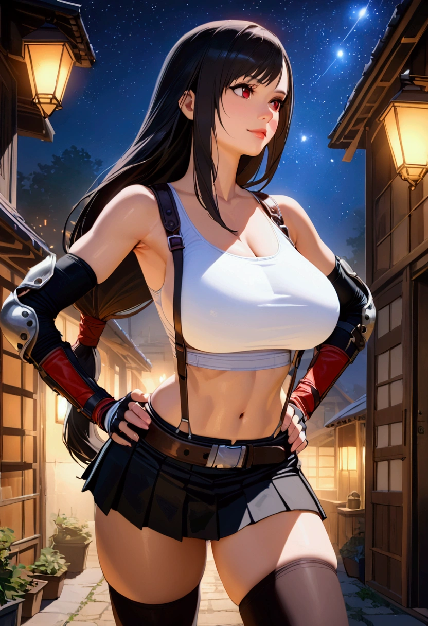 , masterpiece, best quality, ((recent)), perfect anatomy, very aesthetic,anime style,highres,photorealistic:0.5,　mediumshot,Solo,1girl, tifa lockhart, final fantasy,black hair, low-tied long hair, red eyes, bangs, (white tank top,gap),(High exposure)，the ribs,lips,,(belt, pleated skirt, thighhighs, elbow fingerless gloves, elbow pads, midriff, navel,suspenders.skirt),beautiful waist ,(large_breast:1.3),light smile,,,outdoor,star sky,night, hands on own hip,skin tight, looking away, depth of field、beautifully lit,great lighting　　