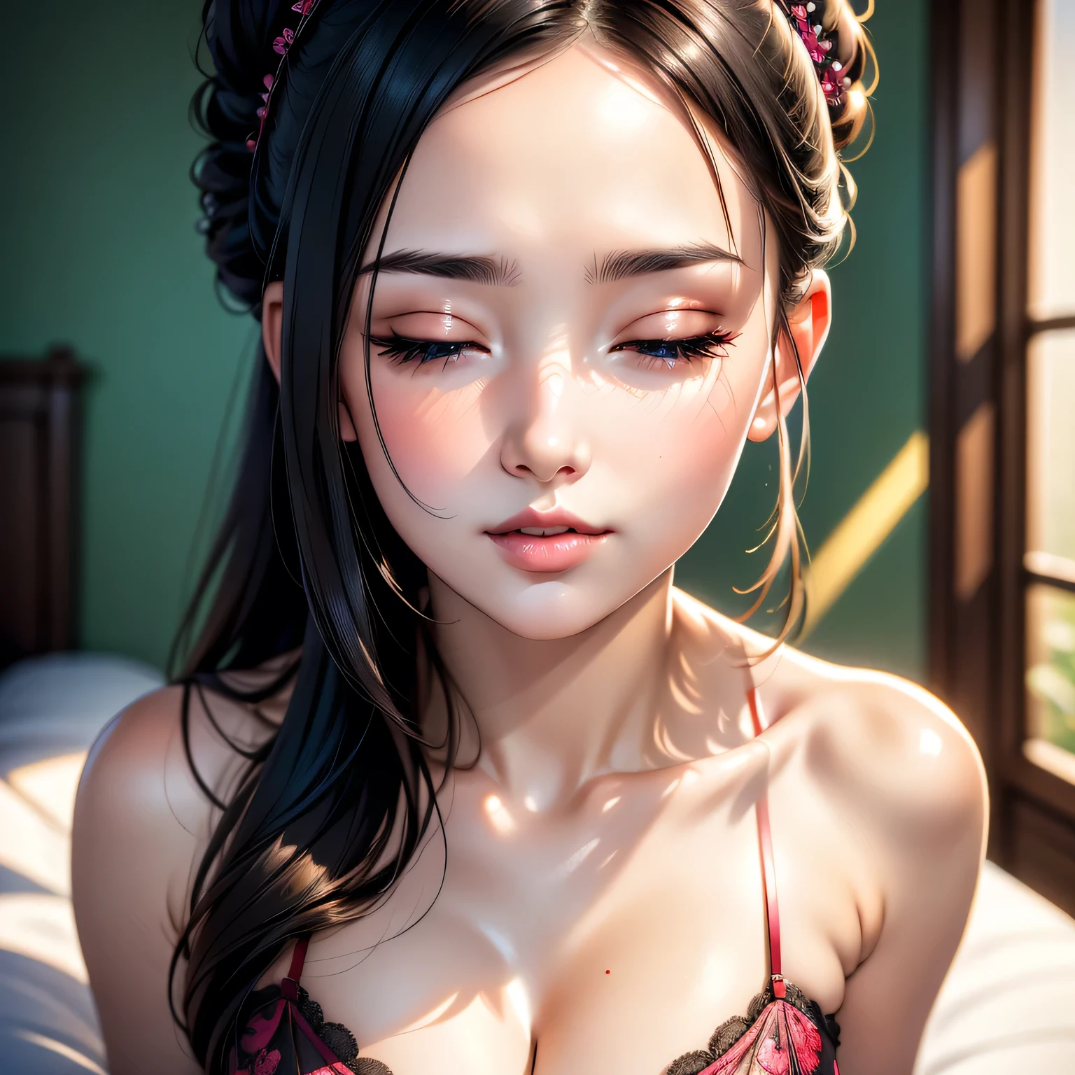 A beautiful woman with long black hair in a bun, a long forehead, seductive eyes, a medium nose, perfect pink lips slightly parted in a seductive expression, blushing cheeks, a beautiful long neck and collarbone, a medium chest with cleavage, wearing a long red floral dress, in a bedroom setting, stripping and exposing her black bra and bare shoulders,(best quality,4k,8k,highres,masterpiece:1.2),ultra-detailed,(realistic,photorealistic,photo-realistic:1.37),HDR,UHD,studio lighting,ultra-fine painting,sharp focus,physically-based rendering,extreme detail description,professional,vivid colors,bokeh,portrait