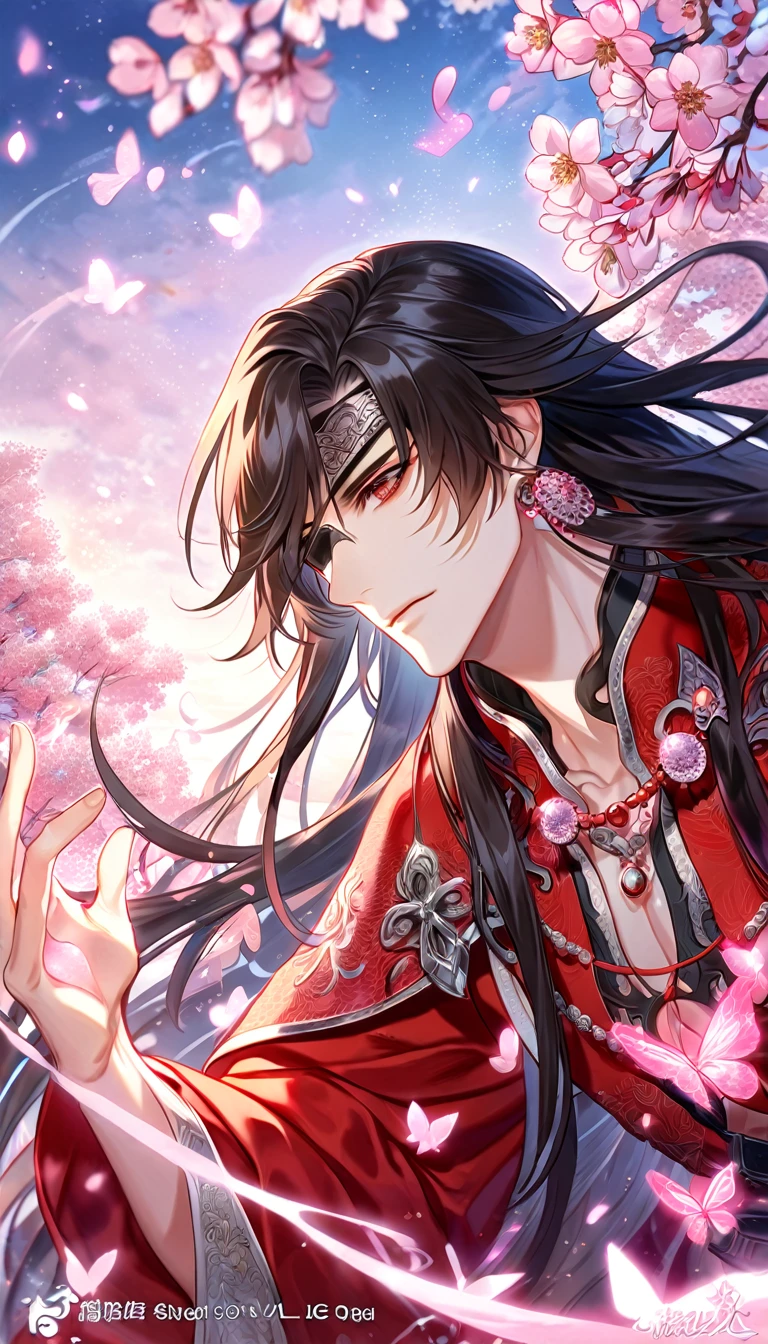 absurdres, highres, ultra detailed, HDR, master piece, best quality, extremely detailed, Hua Cheng, black hair, long hair, expressive red eyes, Heaven Official's Blessing, solo, sexy man, handsome, sensual, red robes, black eye patch, fantasy, magical, sparkling, pink glittering fireflies, pink ice, pink ice butterflies, pink ice petals, pink ice cherry blossoms, pink crystal