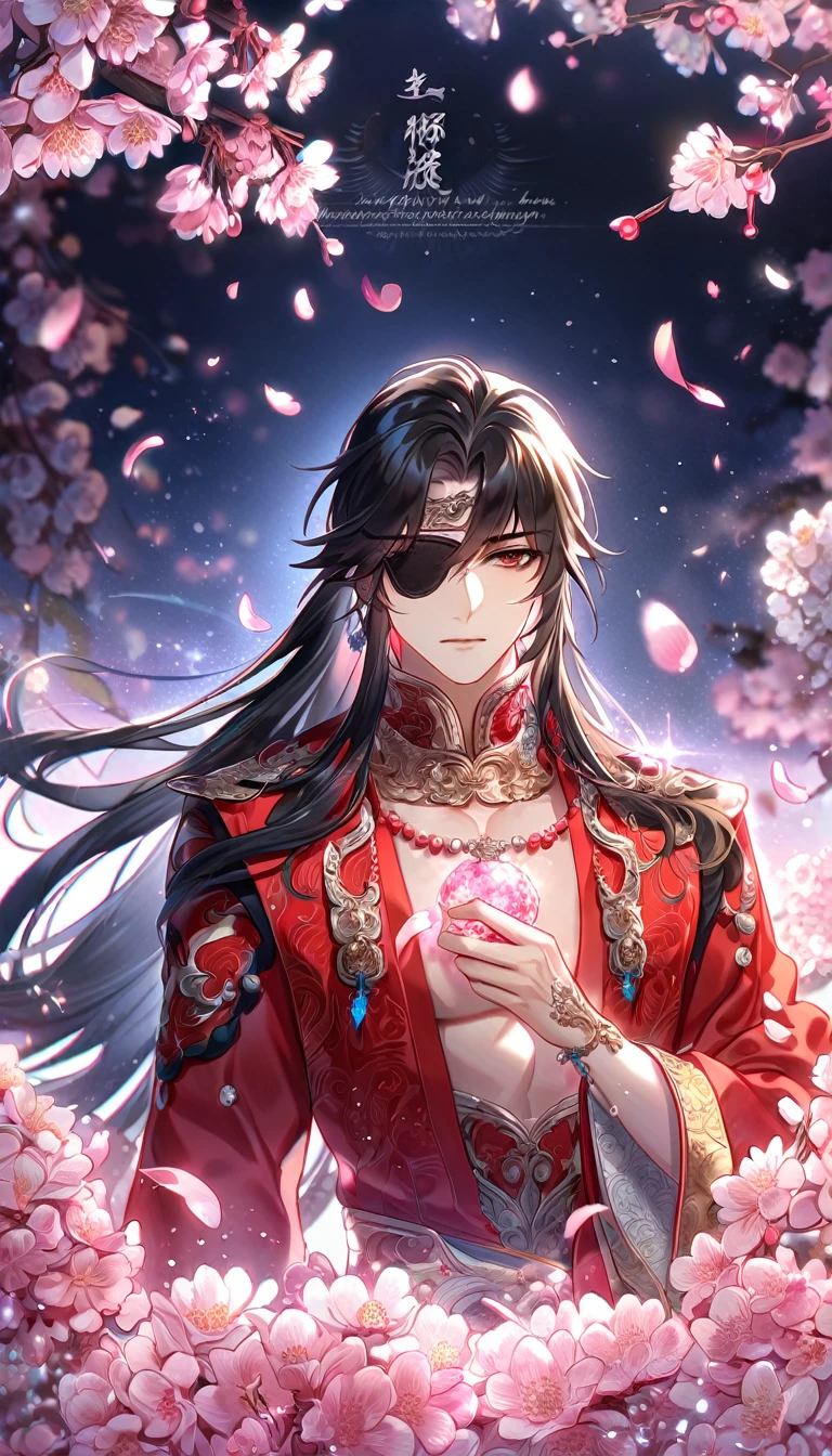 absurdres, highres, ultra detailed, HDR, master piece, best quality, extremely detailed, Hua Cheng, black hair, long hair, expressive red eyes, Heaven Official's Blessing, solo, sexy man, handsome, sensual, red robes, black eye patch, fantasy, magical, sparkling, pink glittering fireflies, pink ice, pink ice butterflies, pink ice petals, pink ice cherry blossoms, pink crystal