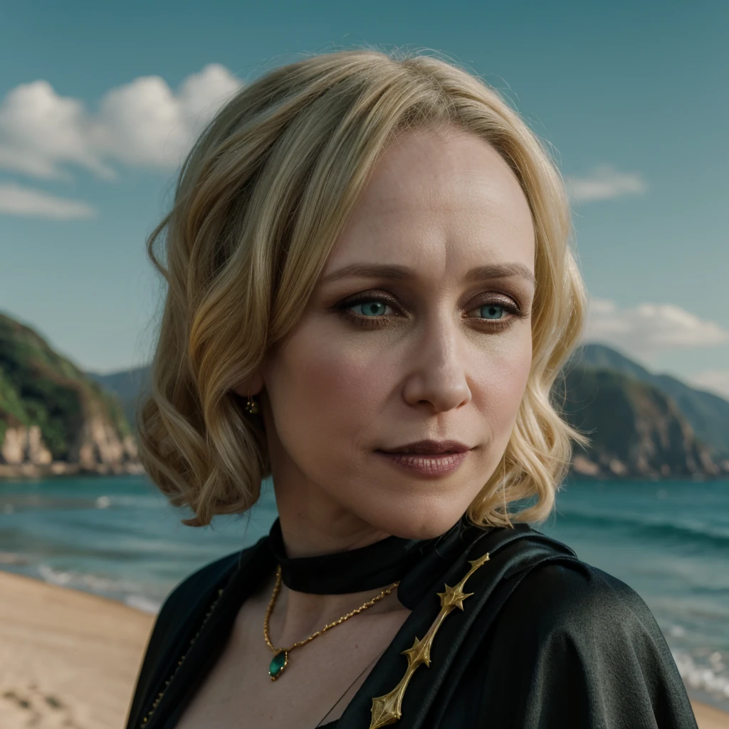 Portrait of Vera Farmiga with a golden crown, blonde platinum hair, pale skin, green eyes, gothic victorian dress, black makeup, black cape, golden jewels, gothic visual, in the background a landscape of Brazil with beach and mountains, at day