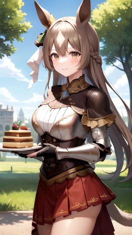 masterpiece, best quality, highres, {{8k}},
BREAK,
aasato, long hair, half updo, braid, hair between eyes, animal ears, ear ornament, medium breasts, plate armor, long red skirt, cowboy shot, shy smile, blush, cute, wide hips, busty,
BREAK,
outdoor, castle,