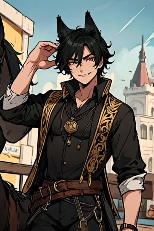 Perfect face. Perfect hands. A black haired male cowboy with golden eyes and black fox ears and a black fox tail in a sheriff's outfit is riding a horse in a wild west town with a big smile