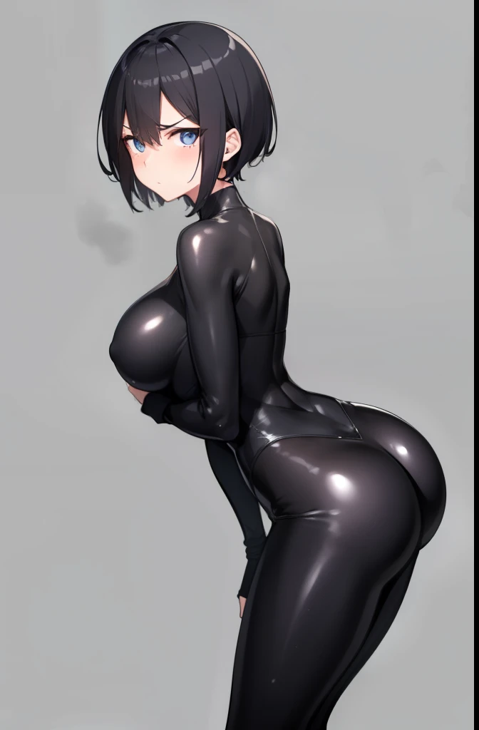 boyish,Very short hair,Black Hair,Large Breasts,Black tight suit,blush,Serious face,blue eyes,front leg pose,Tight fit,clearly,Striped pattern,forest,Backwards,back,Butt,Full body view