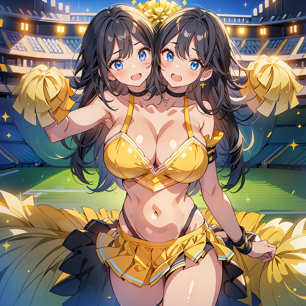 (masterpiece, best quality), best resolution, (3heads:1.5), 1girl, cheerleader, black hair, blue eyes, open mouth, energetic, cheery, black and gold cheerleader outfit, cheering pose, huge breasts, open belly, exposed midriff, football stadium, night