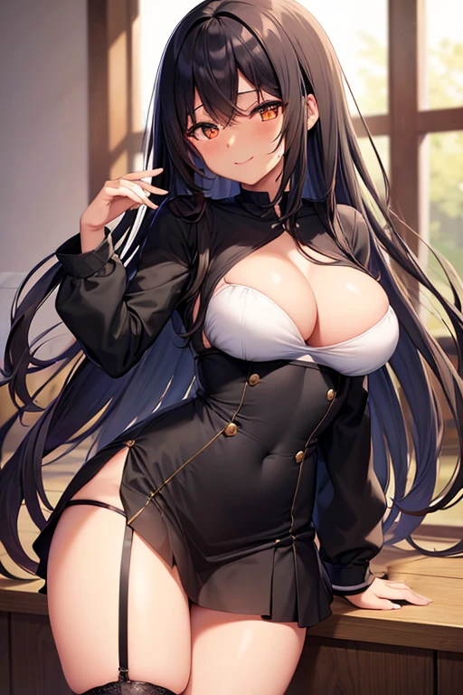 Kizi, Youngh, darkskin, long dark hair, amber eyes, cute smile, Madura, medium breasts, black short skirt, skirt necklines,  Broad Hips, big-ass, Body cute, longsleeve, garter-ribbons, muslos grandes, seducing gaze, one hand on the face